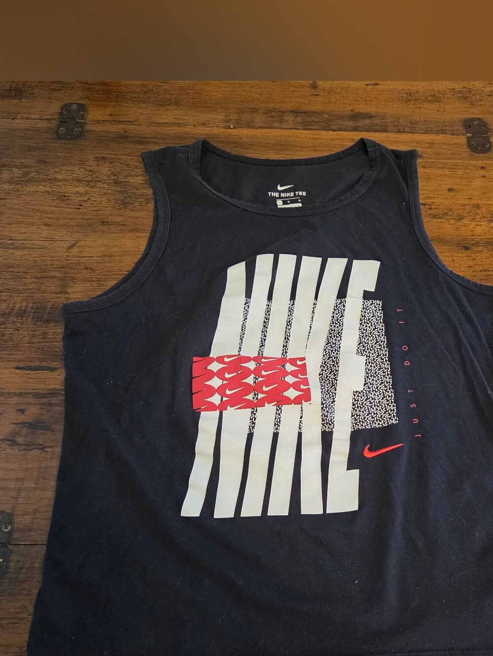 Nike Black Tank with White Graphic and Red Logo Accent